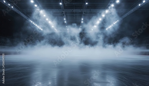 Indoor Ice Arena with Fog and Bright Lights Overhead in a Hockey Stadium