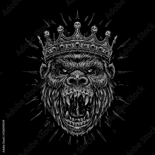 The scribble art vector gorillas head wearing king crown