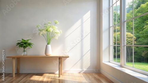 Serene Minimalist Interior Design Featuring Natural Light and Greenery on Wooden Console Table