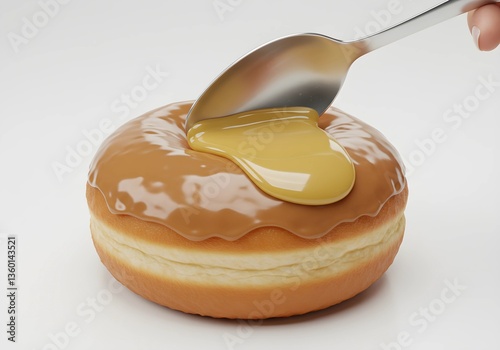 Icing Donut with Caramel Glaze Using Spoon in a Minimalist Studio