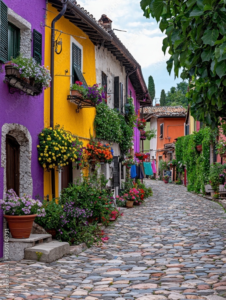 Obraz premium Colorful Houses and Vibrant Flowers Line a Cobblestone Street