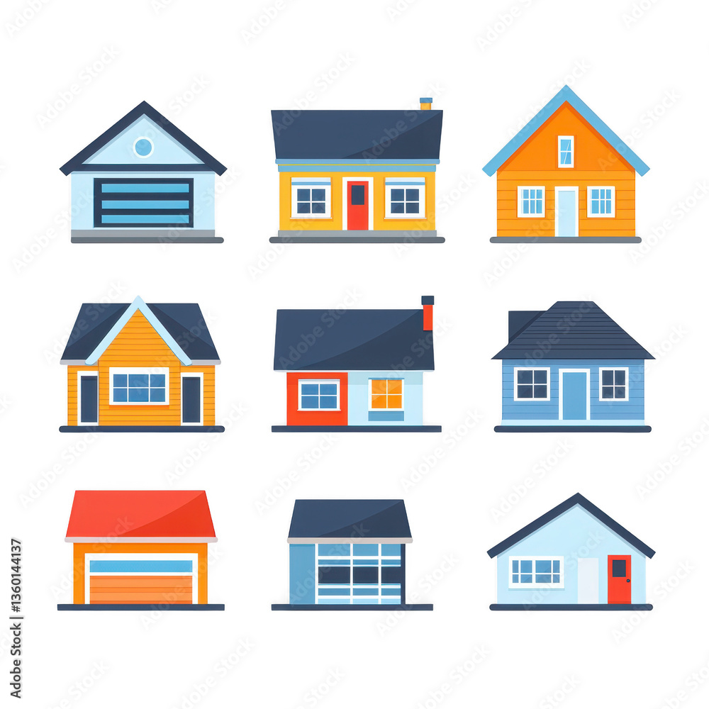 A collection of nine colorful house icons, each with unique architectural styles and vibrant colors, representing various home designs A collection of nine colorful house icons, each with unique architectural styles and vibrant colors, representing various home designs