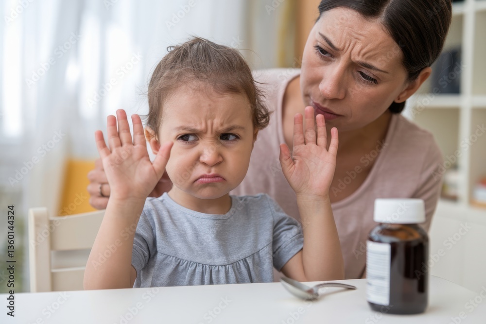 Child shows resistance while refusing medicine during a calm moment at home Child shows resistance while refusing medicine during a calm moment at home