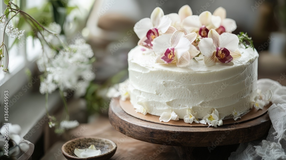 Fototapeta premium Rustic Minimalist Cake with Edible Orchid Flowers on Deep Ceramic Cake Stand and Rustic Wooden Board