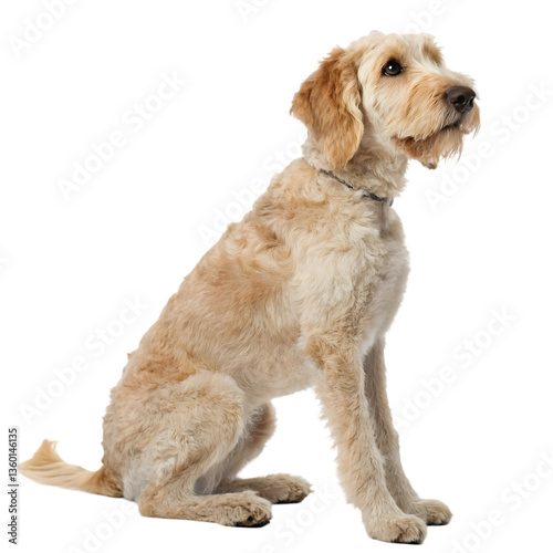 A well-groomed dog sits in a neutral position, isolated on a transparent background.