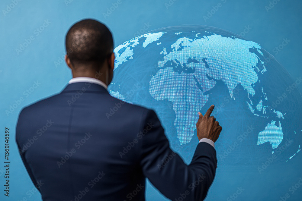 Business professional points at a digital world map, illustrating global connectivity and engagement in a modern corporate environment. Business professional points at a digital world map, illustrating global connectivity and engagement in a modern corporate environment.