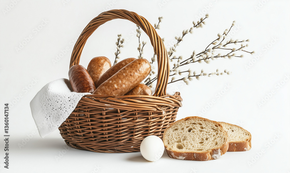 Wielkanocny koszyk świąteczny na białym studyjnym tle