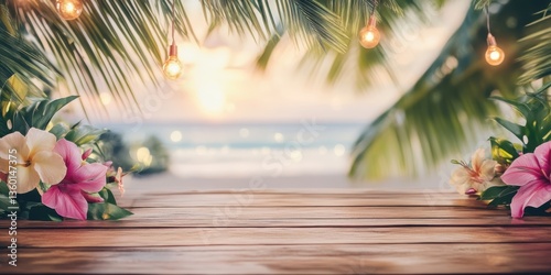 Wooden table in front of tropical green floral background. Palm leaves and tropical flowers around, festive garland with lights. For product display and presentation.
