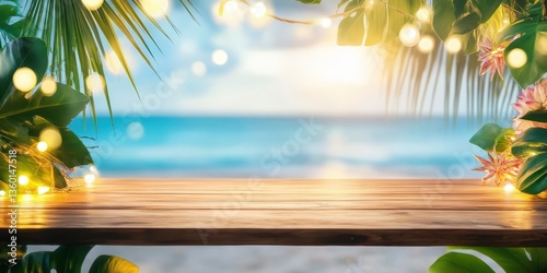 Fototapeta Naklejka Na Ścianę i Meble -  Wooden table in front of tropical green floral background. Palm leaves and tropical flowers around, festive garland with lights. For product display and presentation.
