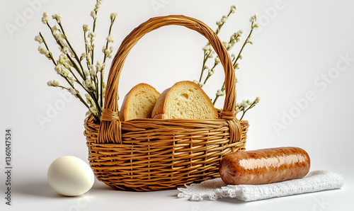 Wielkanocny koszyk świąteczny na białym studyjnym tle
