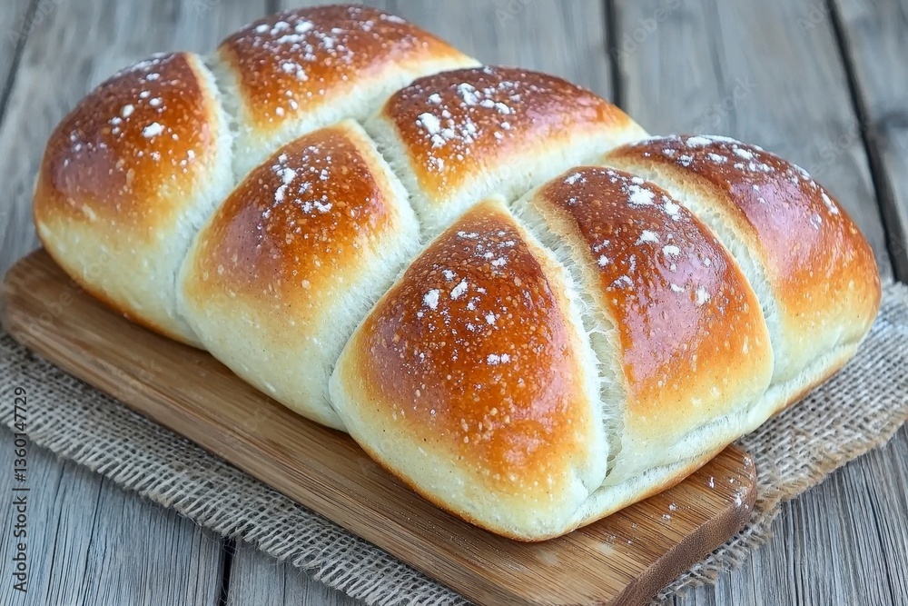 Golden Brown Crusty Bread Loaf on Rustic Wooden Board Golden Brown Crusty Bread Loaf on Rustic Wooden Board