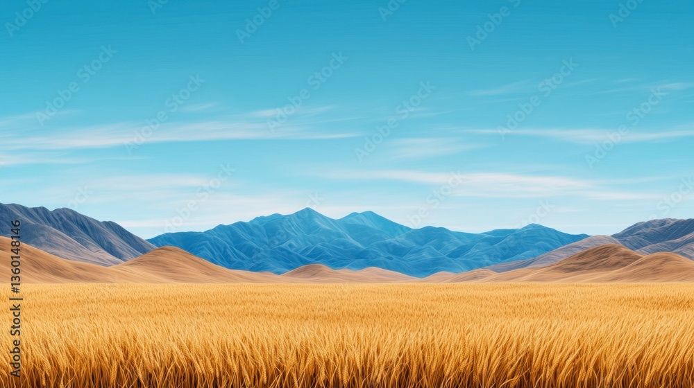 Obraz premium Golden Wheat Field and Distant Mountain Range Under a Clear Blue Sky