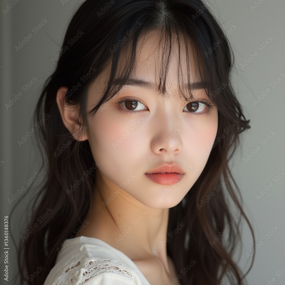 Naklejka premium 20대 동양 아시아 한국 일본 중국 여자 여성 화보 모델 긴 웨이브 파마 메이크업 예쁜 아름다운 청순한 미녀 미인 레이디 광고 잡지 하얀 흰 옷