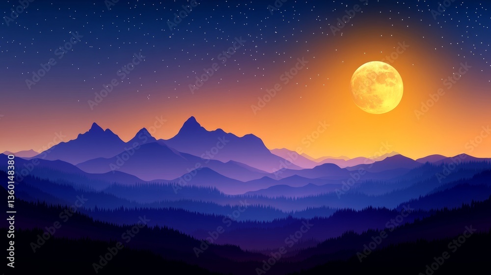 Serene twilight landscape with majestic mountains and a glowing full moon in the background Serene twilight landscape with majestic mountains and a glowing full moon in the background