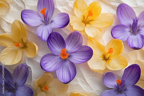 Vibrant crocus flowers with purple and yellow petals in macro detail against a soft white background for a spring-inspired design