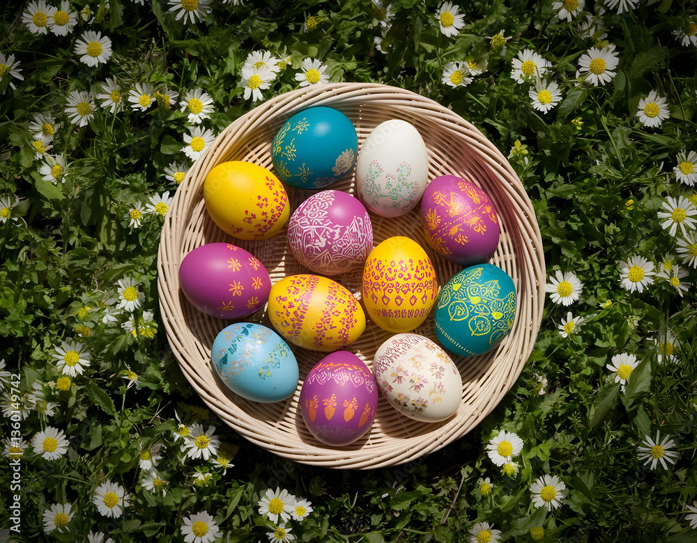 Top view of Easter eggs with colorful patterns, displayed in a wicker basket, spring on the grass