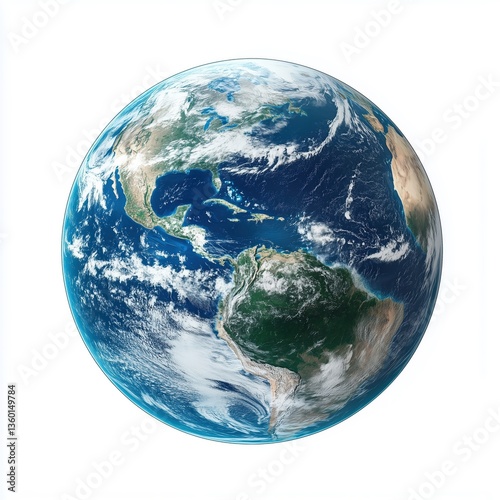 Earth globe with detailed continents and oceans, realistic rendering,isolated on white background.