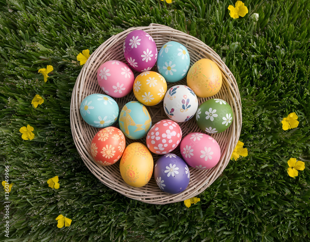 Top view of Easter eggs with colorful patterns, displayed in a wicker basket, spring on the grass