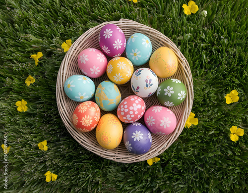 Top view of Easter eggs with colorful patterns, displayed in a wicker basket, spring on the grass