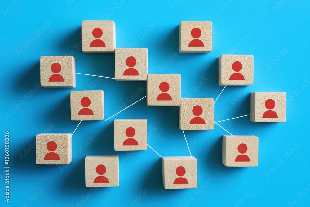 Geometric wooden blocks with minimalist person icons symbolizing human resources and talent management on a calming blue background with red accents Geometric wooden blocks with minimalist person icons symbolizing human resources and talent management on a calming blue background with red accents