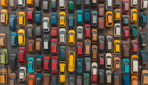 Aerial View of Colorful Cars Parked in Tight Rows