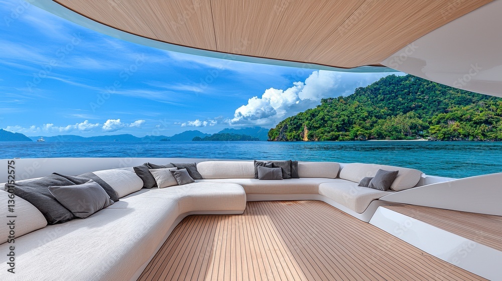Fototapeta premium Luxury Yacht Deck Overlooking Tropical Island Seascape
