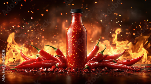 Spicy hot chili sauce surrounded by fresh red chili peppers and flames. A bold, fiery composition perfect for advertising spicy food, hot sauces, or restaurant promotions