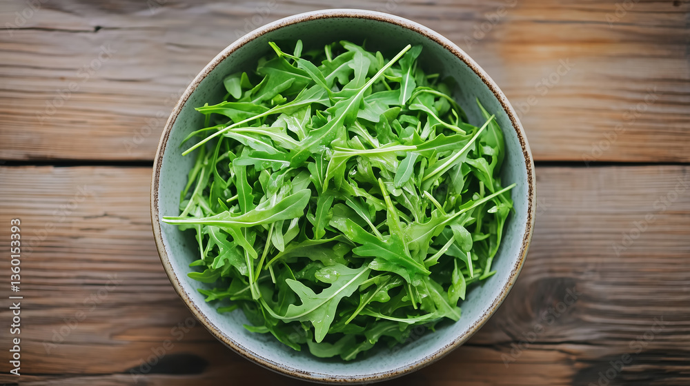 Fresh Green Arugula Leaves in Ceramic Bowl Fresh Green Arugula Leaves in Ceramic Bowl