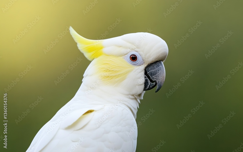 Close-up portrait of a Sulphur-crested Cockatoo, a white bird with a yellow crest, set against a blurred green and yellow background. The bird is looking to the right of the frame Close-up portrait of a Sulphur-crested Cockatoo, a white bird with a yellow crest, set against a blurred green and yellow background. The bird is looking to the right of the frame