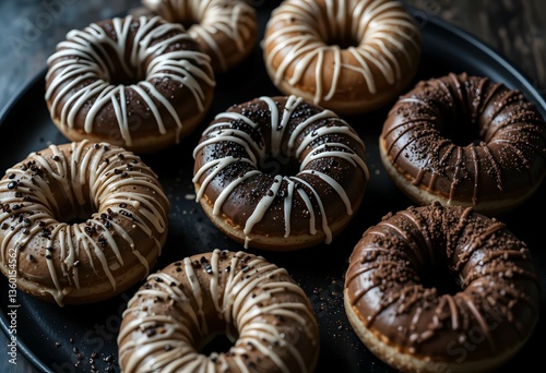 Donuts Delight: A tantalizing arrangement of assorted, freshly made donuts sits on a plate, inviting a moment of indulgence, showcasing variety and the art of confectionery.