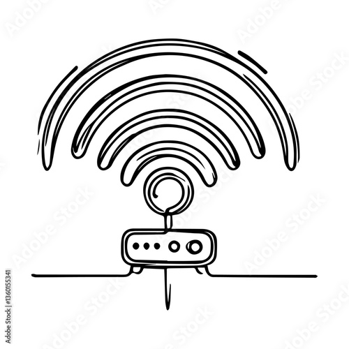 A continuous one-line vector illustration of a public Wi-Fi access point. The design features a simple and elegant single-line drawing forming a Wi-Fi	
