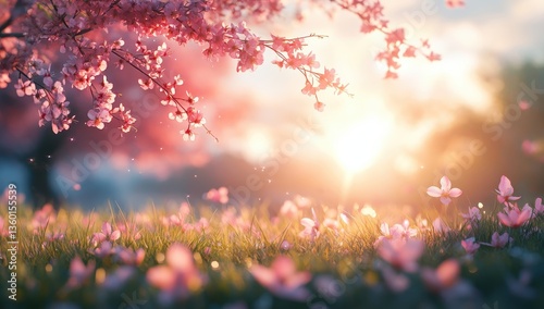Dreamy Spring Landscape with Pink Cherry Blossom Tree Branches and Soft Warm Sunshine Over Blooming Flower Field at Sunrise