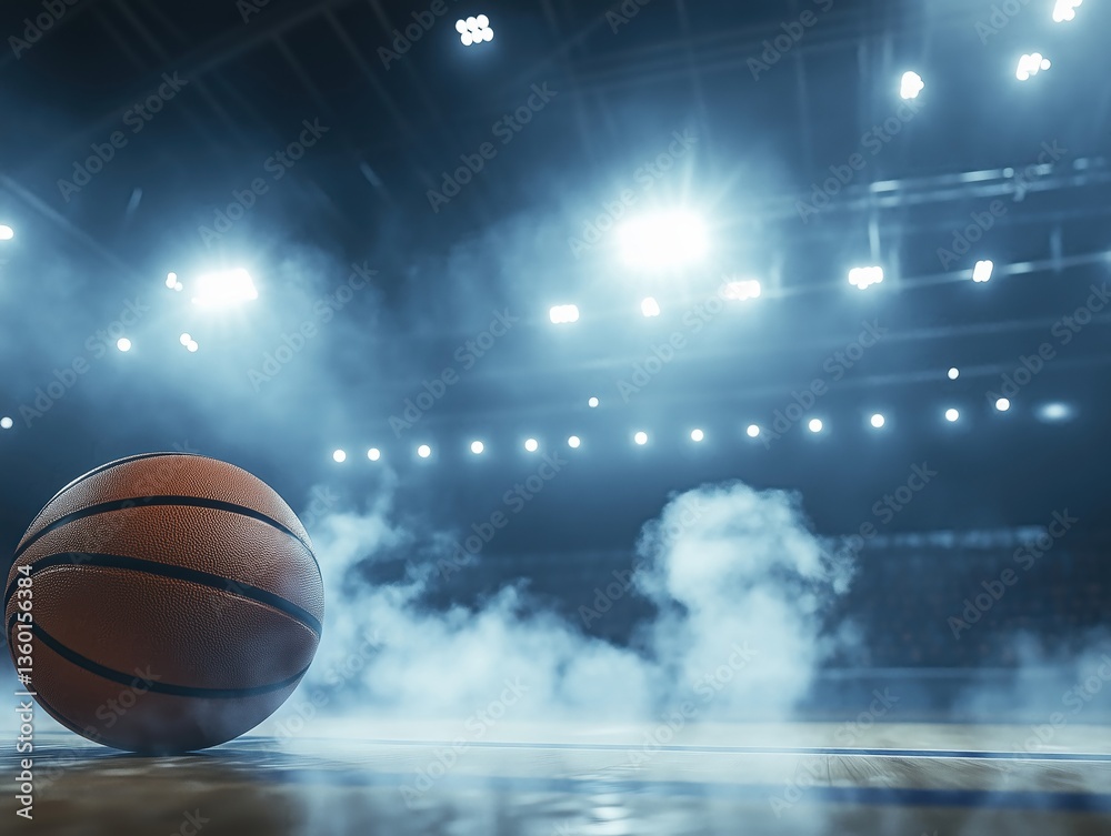 Obraz premium Basketball ball on the court with stadium spotlight and smoke in the background