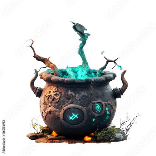 Enchanted cauldron with mystic smoke on a transparent background