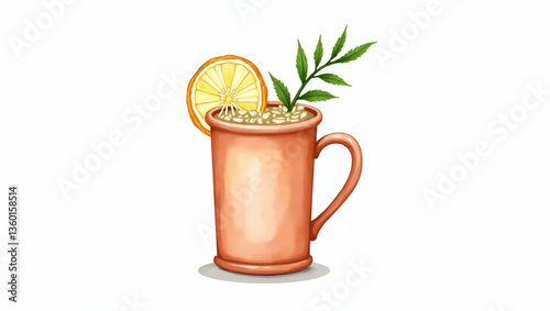 Moscow mule mug with a ginger slice and mint sprig watercolor illustration clipart hand drawn style perfect for nursery art white background concept as Hand drawn watercolor illustration Moscow Mule m