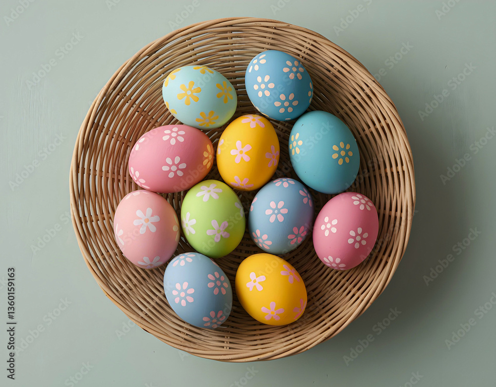 Top view of Easter eggs with colorful patterns, displayed in a wicker basket on a table with natural light