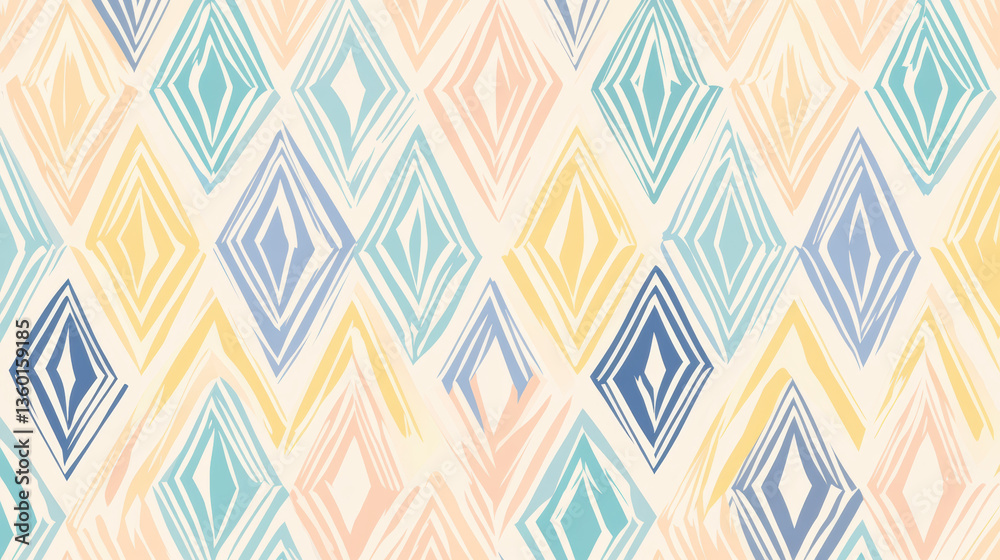 seamless geometric pattern featuring textured diamond shapes in alternating bright and pastel tones, including blue, yellow, and peach, creating vibrant and dynamic design