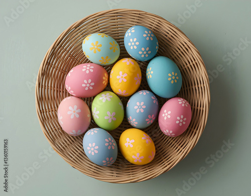 Obraz na płótnie Top view of Easter eggs with colorful patterns, displayed in a wicker basket on a table with natural light w salonie