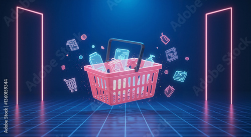 Digital shopping basket with icons against neon background  