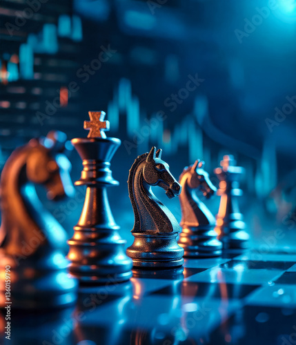 chessboard with the pieces engaged in strategic battle, money and economic fight for power worldwide,