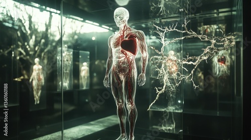 The human circulatory system with blood vessels, veins, and a beating heart displayed in a transparent view. (However, you can include other systems such as the nervous system and respiratory