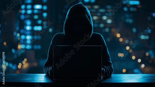 girl hacker in black hood behind laptop, at night hacker sits on a laptop, up and theft of data, Generative Ai