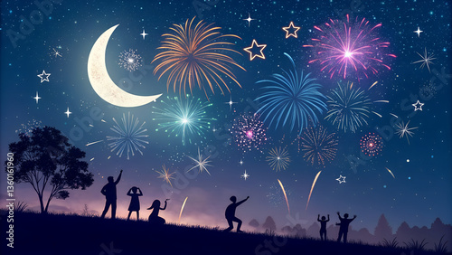 night sky with stars A magical night sky with fireworks, stars, and a glowing crescent moon.