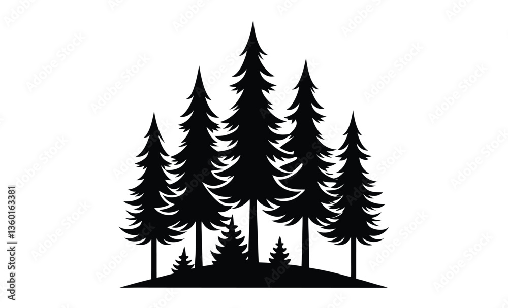 Obraz premium Pine tree forest front silhouette, Forest icon, Pine trees, Black silhouette, Horizontal front side view, Vector simple flat graphic hand drawn illustration, Isolated object on white background
