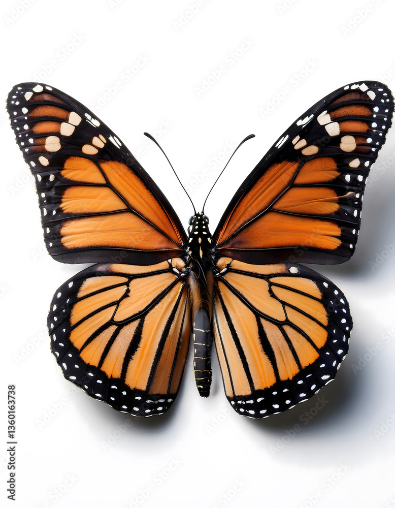Monarch butterfly with open wings displays vibrant orange and black pattern, a close-up studio shot Monarch butterfly with open wings displays vibrant orange and black pattern, a close-up studio shot