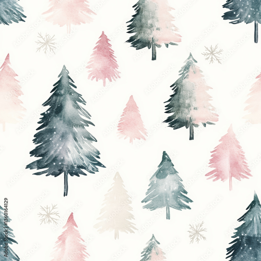 Obraz premium Delicate watercolor Christmas tree in pink, blue, and white conveys subtle festive cheer, perfect for winter holiday designs