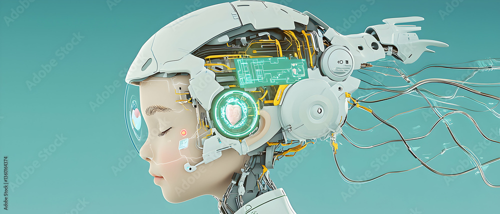 Naklejka premium A futuristic image of a person with cybernetic enhancements. The tech is seamlessly integrated suggesting medical monitoring or AI interaction. Ideal for sci-fi designs.