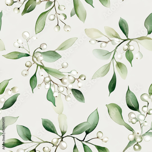 Delicate watercolor mistletoe branches evoke sense of natural beauty, their soft greens and white berries creating calming and serene visual experience