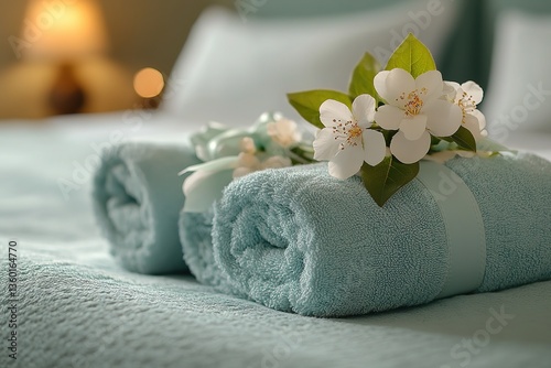 Rolled Turquoise Towels Adorned with Jasmine Flowers, Soft Bedding in Background, Closeup