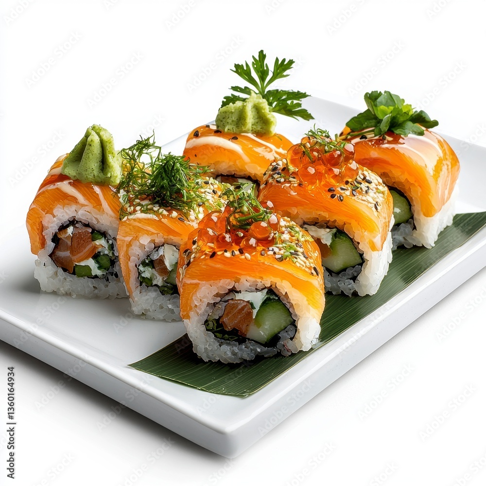 Salmon Sushi Rolls with Glaze and Caviar on White Plate Salmon Sushi Rolls with Glaze and Caviar on White Plate